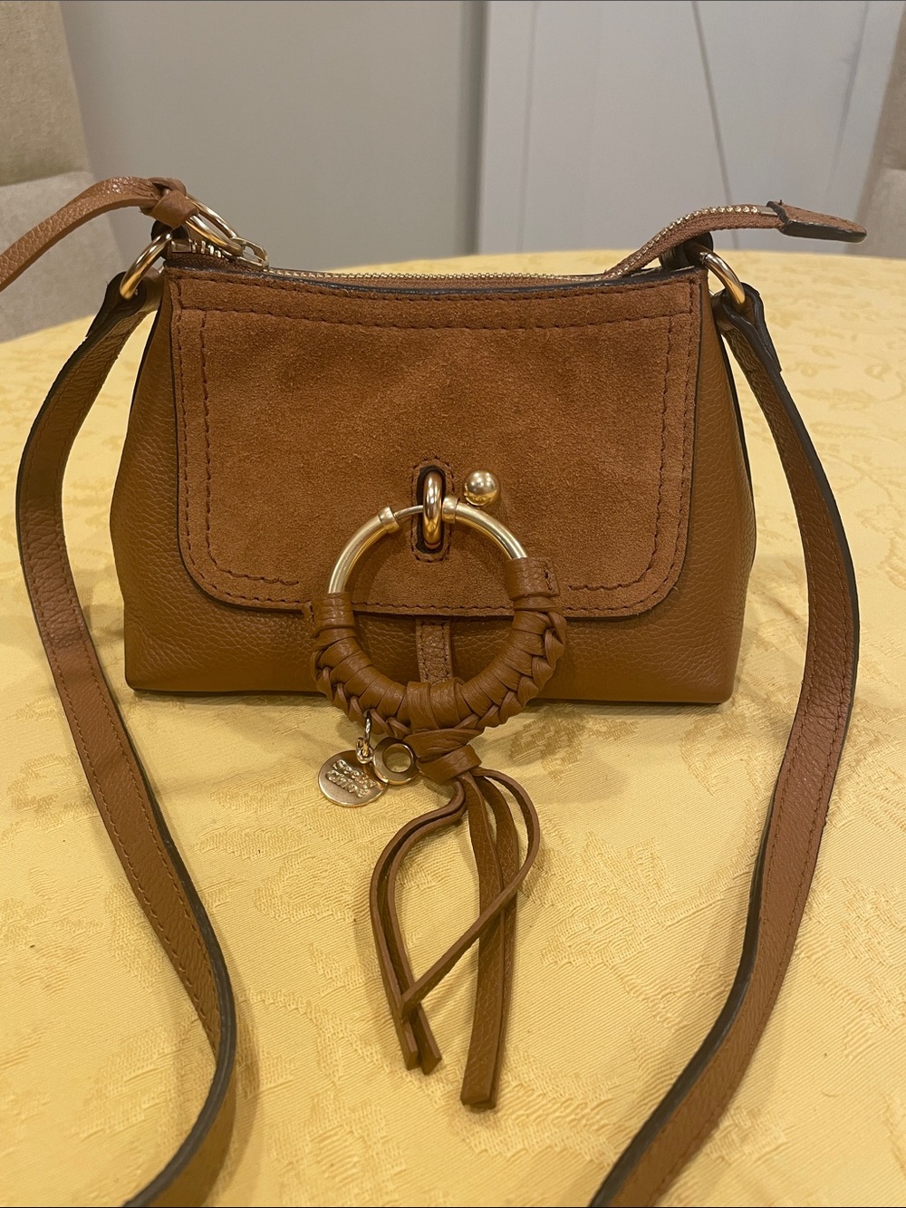 See By Chloe Mini Joan Brown Leather & Suede Crossbody with Braided Ring